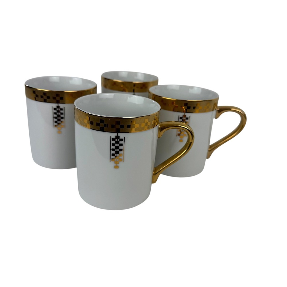 Tiffany & Co Frank Lloyd Wright Imperial Gold Geometric Porcelain Mugs Set of 4